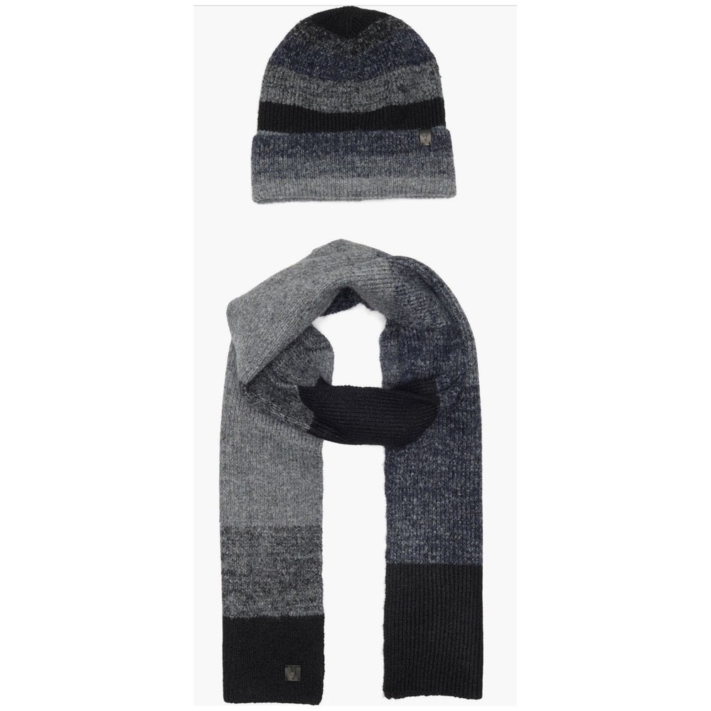 Allsaints Stripe Scarf & Hat Set * Navy * Blue * Gray * NWT * Marl * Was $199!